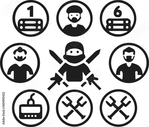 Cybersecurity icons as ninja/samurai metaphors