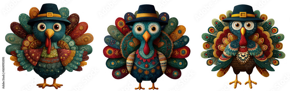 Obraz premium Three cartoon turkeys in hats and vests with colorful feathers for thanksgiving isolated on transparent background
