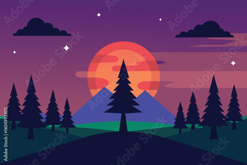 Stylized illustration of a sunset over mountains with silhouetted evergreen trees.