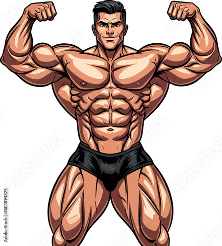 bodybuilder flexing biceps, cartoon vector illustration. Strong man character for fitness and gym design.