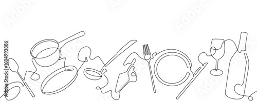 Cooking Pattern. Outline Cutlery Background. One Line Drawing of Isolated Kitchen Utensils. Restaurant Design Poster. Vector illustration.