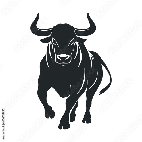 Bold bull silhouette charging forward with powerful horns against white background