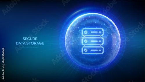 Secure Data Storage. Computer server and database storage security. Data center protection. Server hosting. Abstract 3D sphere shield with surface of hexagons with server icon. Vector illustration.