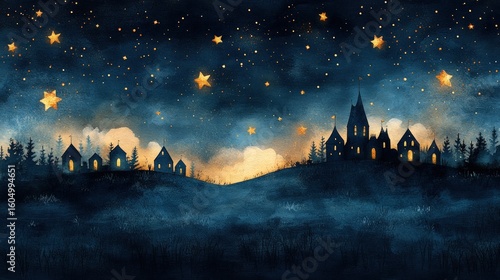 Nighttime village silhouettes under starry sky