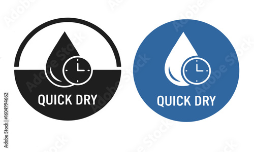 Quick dry label icon with water drop and clock