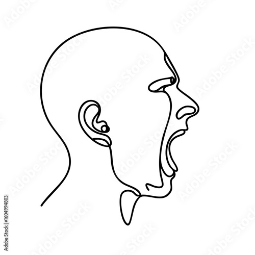 One line drawing of a screaming head with a pained mood representing anguish and suffering