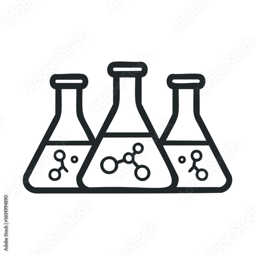 Chemical laboratory equipment: triad of science flasks with molecular structures