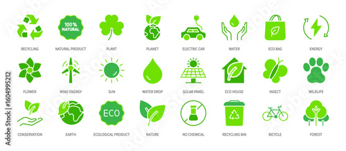 Ecology green icon set. Recycling, organic product, electric car, water, eco bag, solar panel, nature, environment, bicycle, forest, earth, planet, wind energy. Editable stroke. Vector illustration.