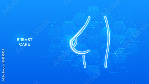 Female breast icon. Breast cancer awareness. Breast exam, disease symptoms, diagnostics, treatment. Women's health. Molecular structure. Blue medical background with hexagons. Vector illustration.