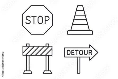 Traffic signs: stop, cone, barrier, detour symbols in black and white