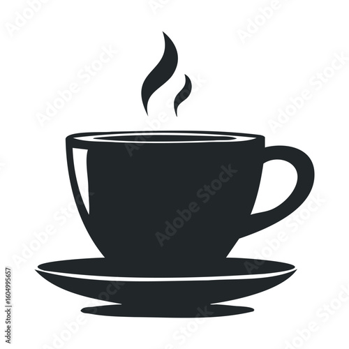 Steaming black coffee cup icon on saucer with rising steam