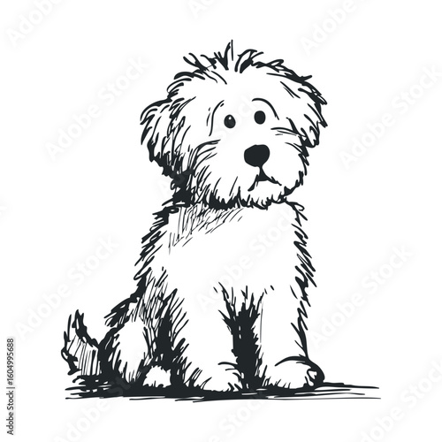 Playful black and white shaggy dog sketch in sitting pose
