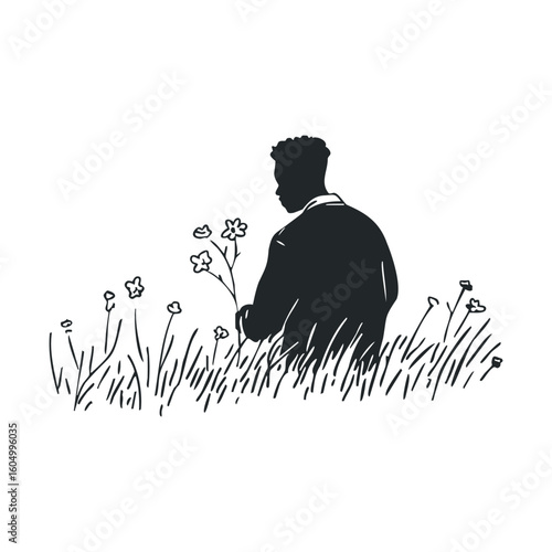 Silhouette of african male teen in field of wildflowers