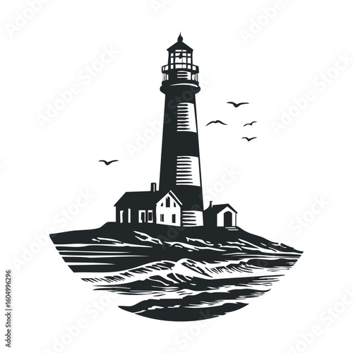 Monochrome lighthouse illustration with birds and ocean waves