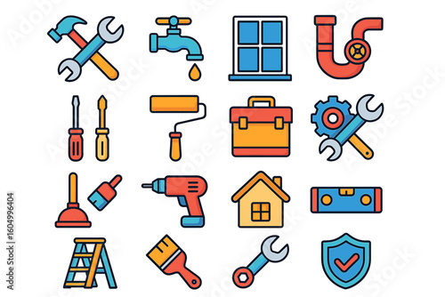 Collection of colorful home repair tools and plumbing icons