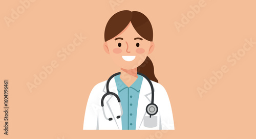 Smiling female doctor, illustrated portrait, wearing a white coat and stethoscope.