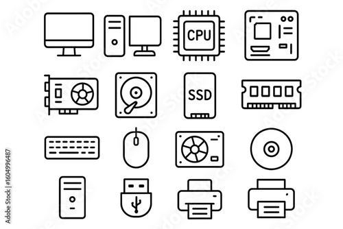 Computer hardware icons: monitor, cpu, gpu, ssd, ram, keyboard, mouse, printer