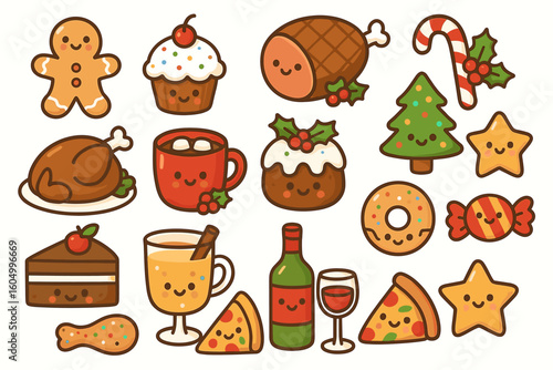Festive cartoon foods: gingerbread, christmas drinks, pizza, and sweets with cute faces