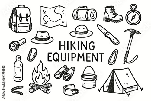 Hiking equipment illustration with backpack, map, tent, and outdoor gear sketches