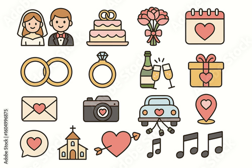 Wedding celebration icons: cake, rings, bouquet, calendar, and more