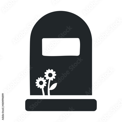 Simple headstone icon with flowers - minimalist black and white illustration