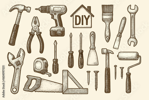 Vintage diy tools collection: hammer, screwdriver, saw, drill, paintbrush