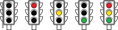 Traffic light signal icon set. Traffic control light signal with red, yellow and green color icon isolated on transparent background. Symbol of road traffic or driving rules. Vector illustration.