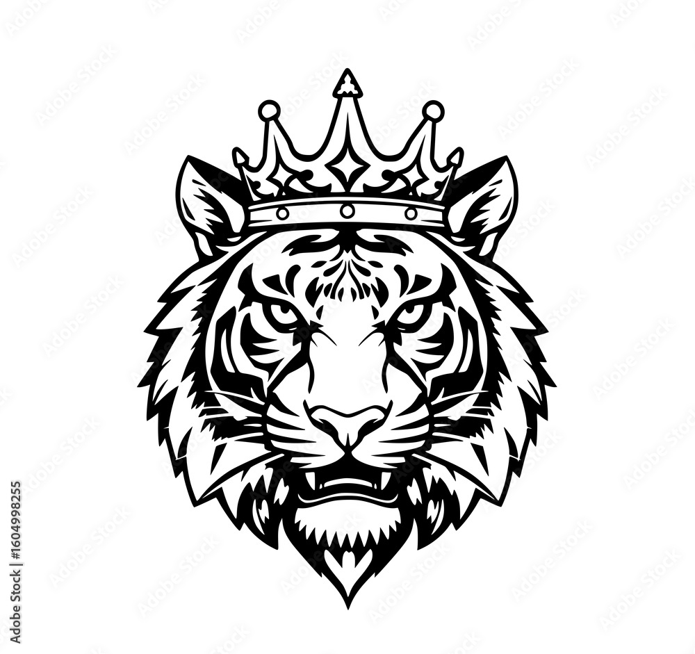 Obraz premium Royal Tiger Head: A fierce monochrome illustration depicts a tiger's head crowned with a regal crown, showcasing intense detail and powerful presence.
