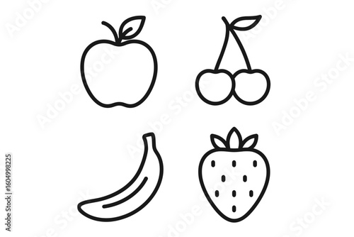 Outlined fruit icons: apple, cherries, banana, strawberry in simple black lines
