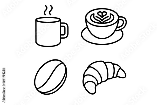 Minimalist coffee icon set with mug, latte, coffee bean, and croissant