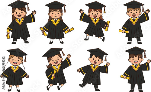 Cartoon children in graduation gowns and caps holding diplomas with raised hands, celebrating achievement, vector illustration isolated on white background