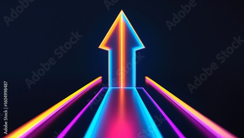 Glowing Neon Arrow Up: Abstract Futuristic Light Trails Representing Growth and Progress