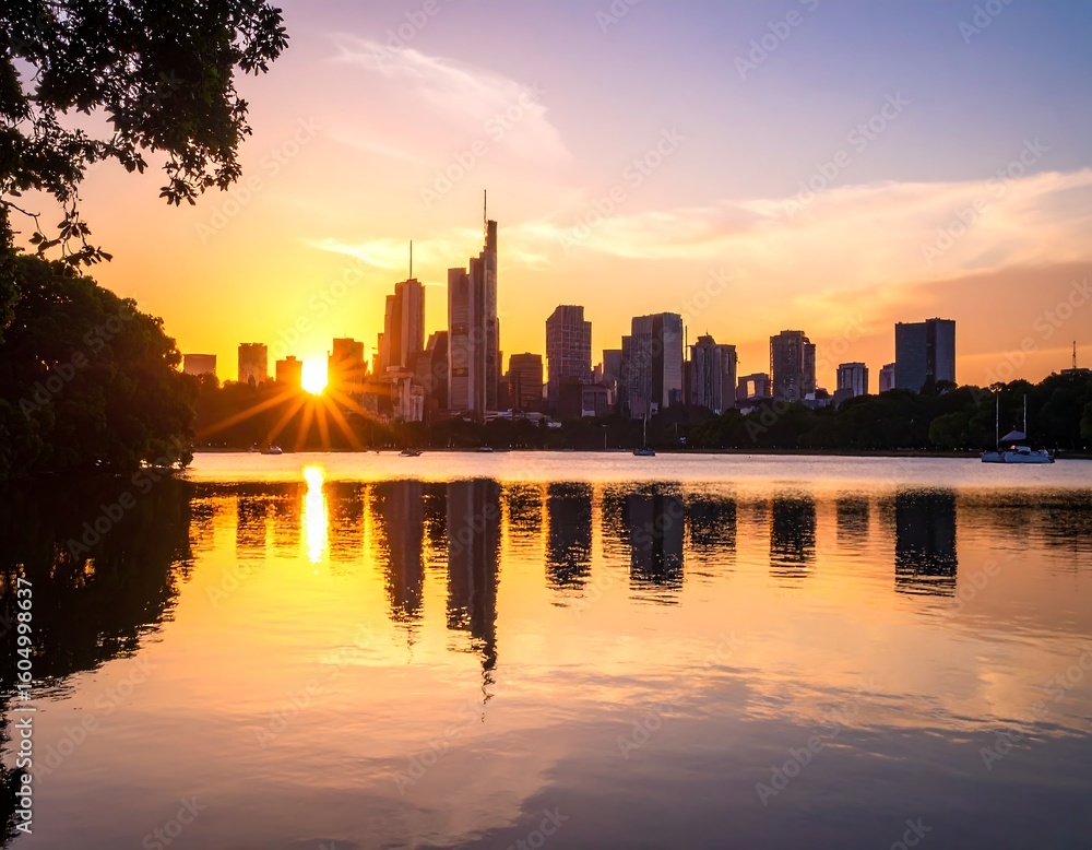 Fototapeta premium City skyline at sunset reflected on calm water