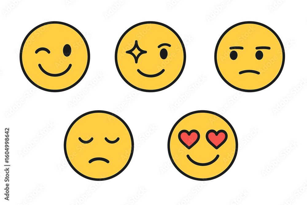 Fototapeta premium Set of five expressive yellow emoji faces with various emotions