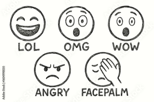 Hand-drawn emoticons: lol, omg, wow, angry, facepalm expressions