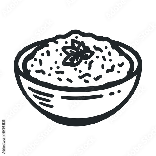 Simple sketch of bowl with oatmeal garnished with mint leaves