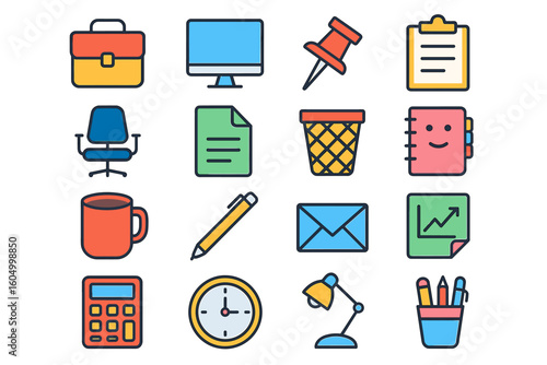 Colorful office icon set: desk, computer, supplies, and more