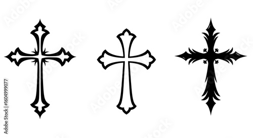 Three decorative crosses in black and white for design elements and patterns