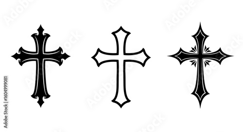 Three gothic cross designs in black and white on a white background