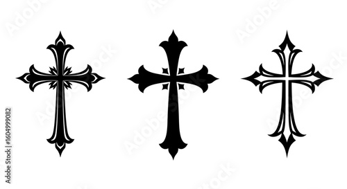 Ornate Crosses in Black Silhouette on White Background Vector Illustration