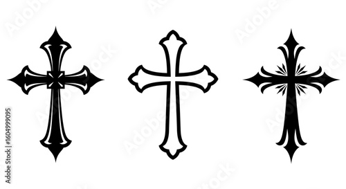 Ornate Cross Design with Decorative Elements on White Background Black and White
