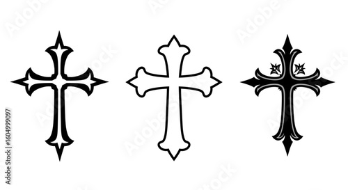 Ornate Cross and Fleur de Lis Design Elements in Black and White