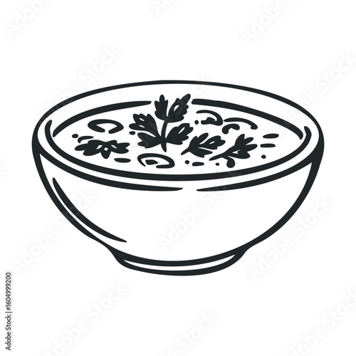 Black and white illustration of soup bowl with parsley garnish