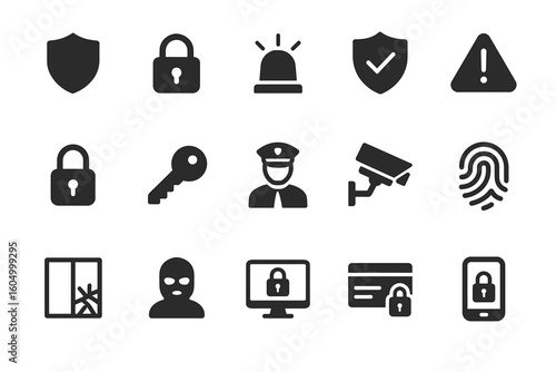 Security icons set including lock, shield, alarm, camera, key, fingerprint, police