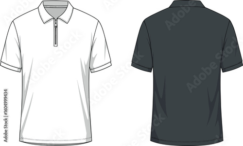 Technical fashion flat sketch of a men's classic short-sleeve polo shirt featuring a modern zipper placket and ribbed collar, showing front and back views for apparel design.