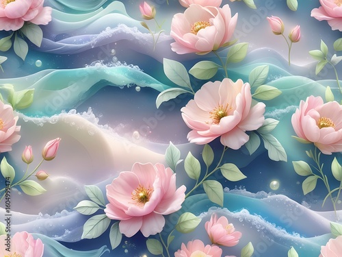 Pink Roses on Ocean Waves.