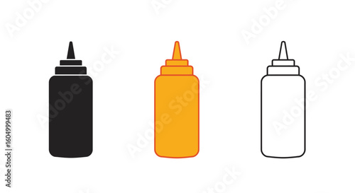 Mustard bottle icons in black yellow and white for condiment representation