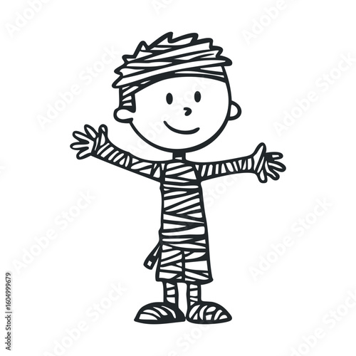 Cartoon child in mummy costume with wrapped bandages and happy expression