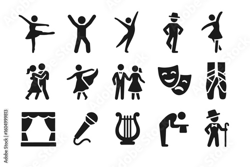 Dance and theater icons set: ballet, tango, drama masks, stage, microphone, lyre