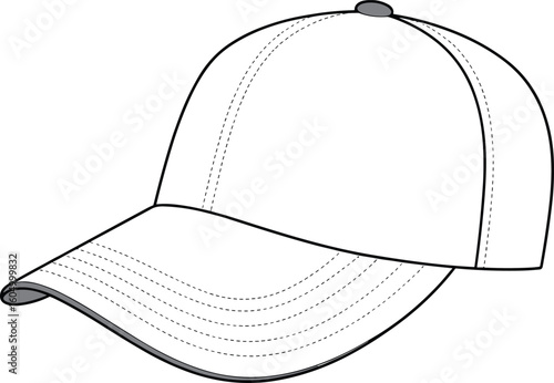 Technical flat sketch of a classic six-panel baseball cap with a curved visor and top button, ideal for fashion design, sportswear mockups, and headwear templates.